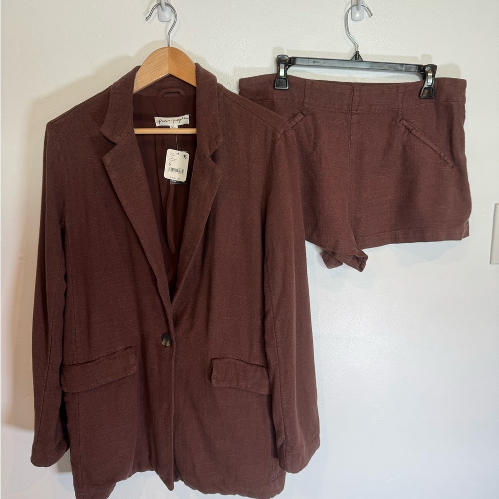Free People If You Try Chocolate Blazer and Shorts Linen Set